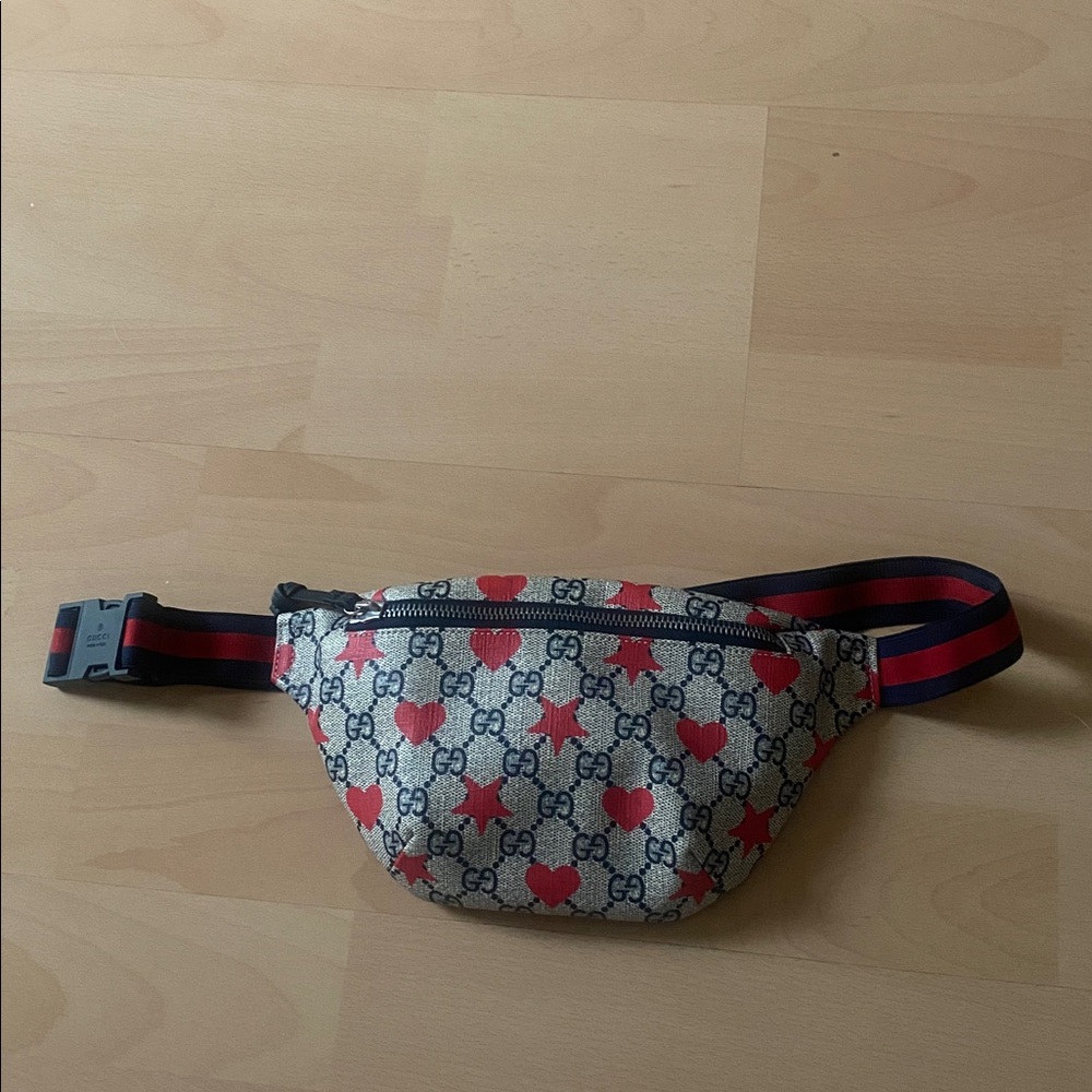 Authentic Gucci GG Monogram Belt Bag with red Hearts